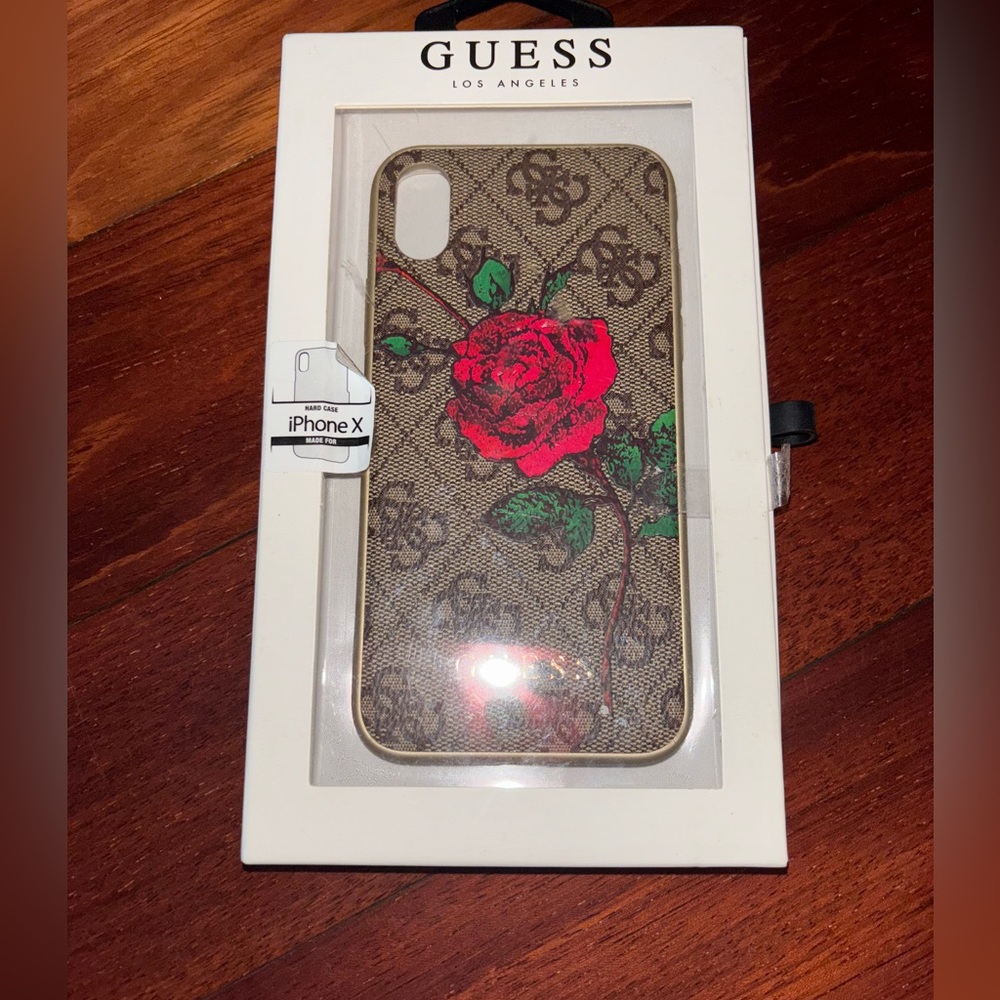Guess iPhone X Case - Brown with Red Rose Design